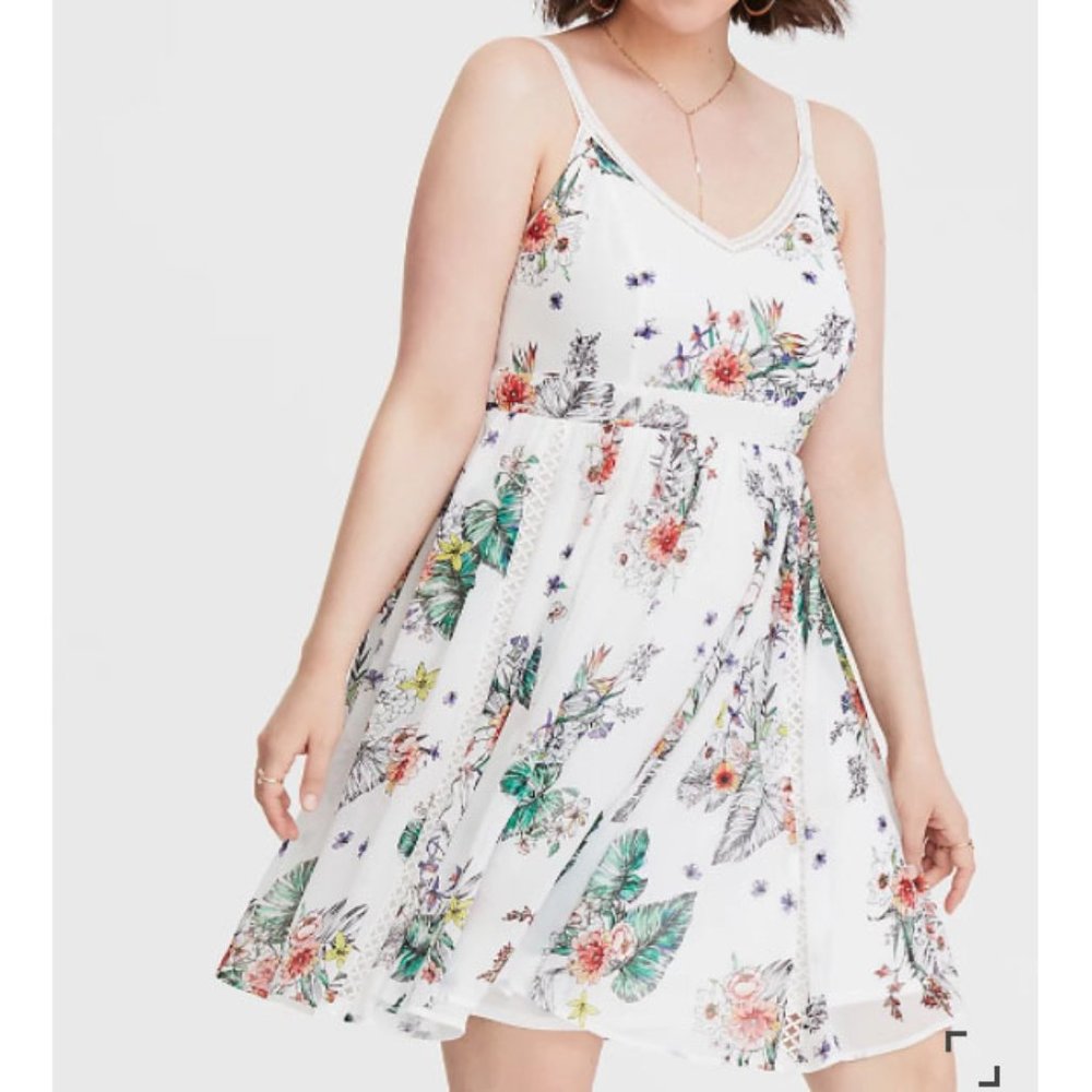 Torrid White Crochet Edge Chiffon Floral Mini Dress 1